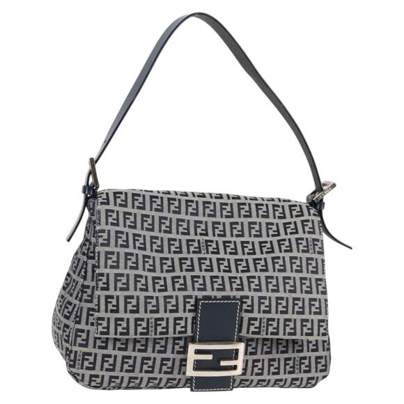 FENDI Zucchino Canvas Mamma Baguette Shoulder Bag Navy Silver - Picture 1 of 14